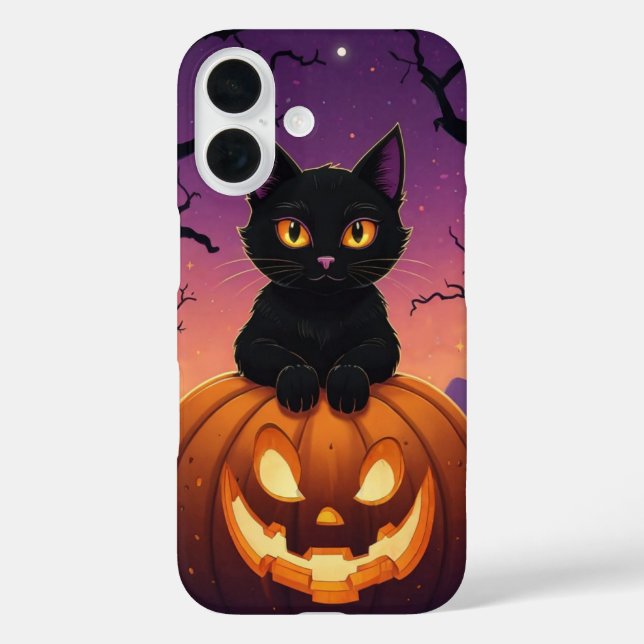 Funda iPhone 16 Gato negro en calabaza (Reverso )