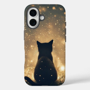 Funda iPhone 16 Gato negro encantado con dibujos de luciérnagas