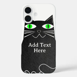 Funda iPhone 16 Gato negro graso con ojos verdes Personalizado tex