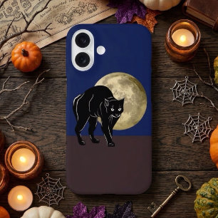 Funda iPhone 16 Gato negro merodeando en una noche de luna llena d