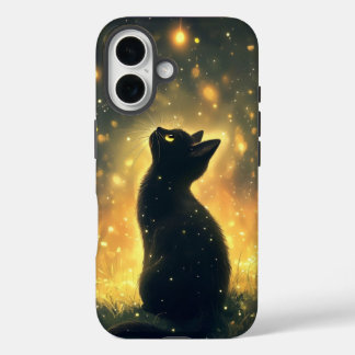 Funda iPhone 16 Gato negro místico bajo cielo nocturno brillante