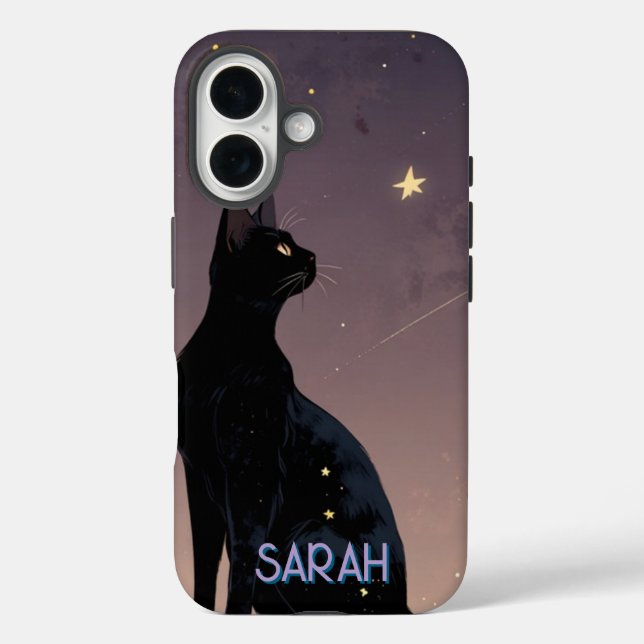 Funda iPhone 16 Gato Negro Noche Estrellada Arte Felino Celestial  (Reverso )