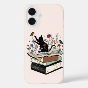 Funda iPhone 16 Gato negro sobre gato gracioso del libro