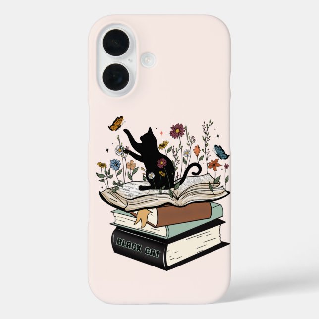 Funda iPhone 16 Gato negro sobre gato gracioso del libro (Reverso )