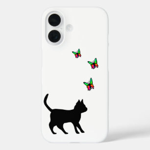 Funda iPhone 16 Gato negro y mariposa