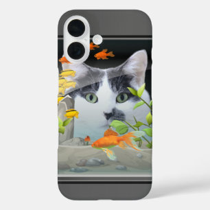 Funda iPhone 16 Gato Peering en un tanque de pescado Foto de gato