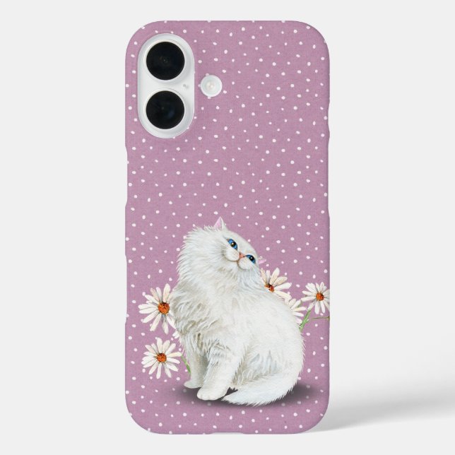 Funda iPhone 16 gato persa blanco con puntos de pin rosados (Reverso )