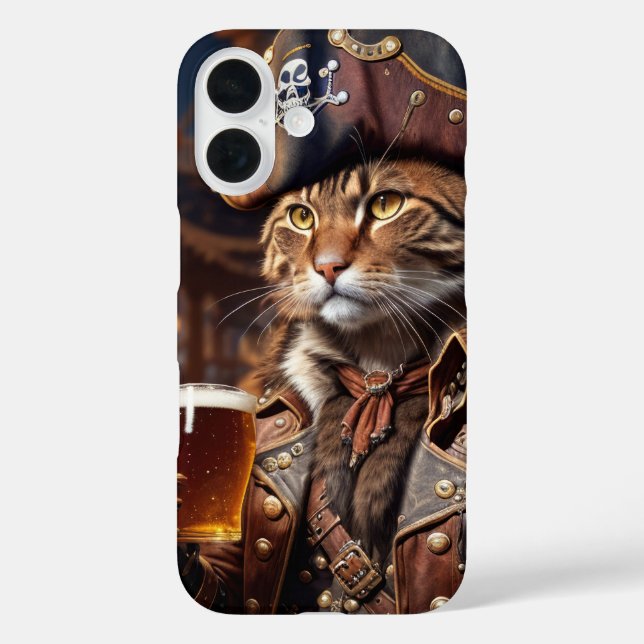 Funda iPhone 16 Gato pirata con cerveza (Reverso )