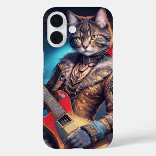 Funda iPhone 16 Gato Rocky tocando guitarra eléctrica en la portad