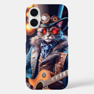 Funda iPhone 16 Gato steampunk tocando la guitarra, sombrero de co