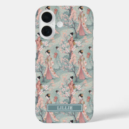 Funda iPhone 16 Geisha Sakura Japonesa Monogramada con Patrón