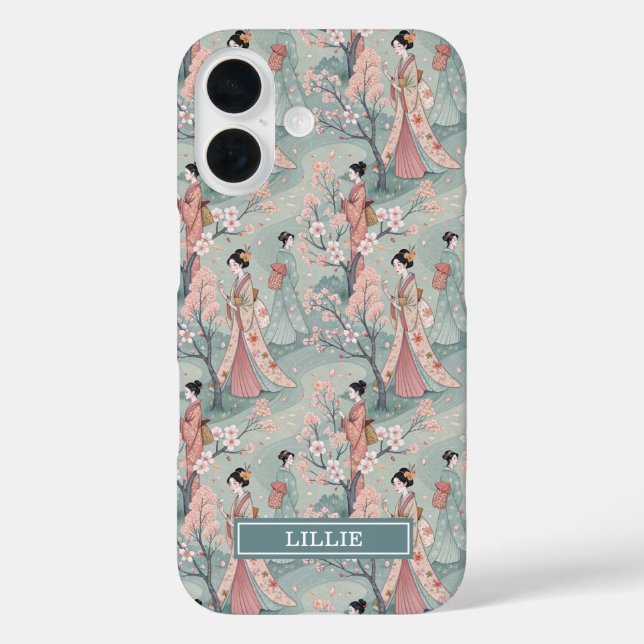 Funda iPhone 16 Geisha Sakura Japonesa Monogramada con Patrón (Reverso )
