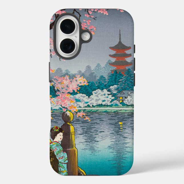 Funda iPhone 16 Geisha y árbol de cerezos, paisaje japonés del par (Reverso )