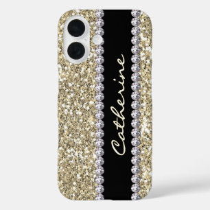 Funda iPhone 16 Gemas de Purpurina dorado con nombre y mongrama