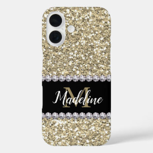 Funda iPhone 16 Gemas de Purpurina dorado con nombre y mongrama
