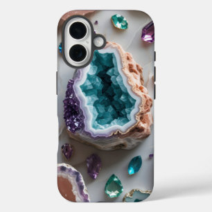 Funda iPhone 16 Geode Verde azulado oceánico con gemas de acimetis