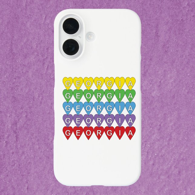Funda iPhone 16 Georgia Colorful Hearts (A phone case that says Georgia in yellow, green, blue, purple and red hearts.)