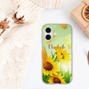 Funda iPhone 16 Girasoles de nombre con monograma Amarillo Verde F