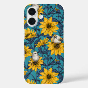 Funda iPhone 16 girasoles silvestres y pájaros dorados/ amarillo