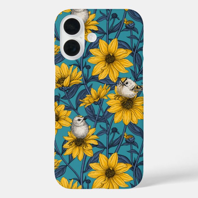 Funda iPhone 16 girasoles silvestres y pájaros dorados/ amarillo (Reverso )