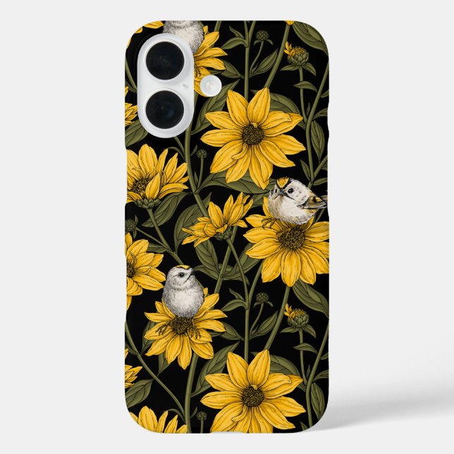 Funda iPhone 16 girasoles silvestres y pájaros dorados/ amarillo (Reverso )