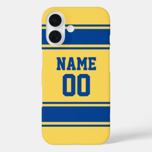 Funda iPhone 16 Giro personalizado amarillo y azul estilo Jersey