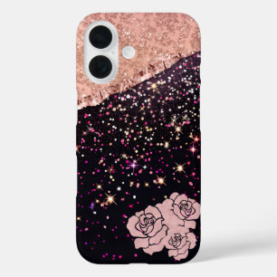 Funda iPhone 16 Glam Rosa Purpurina negro Rosas de Rubor