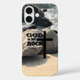 Funda iPhone 16 God is My Rock Bible Verse Black Cross Christian