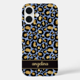 Funda iPhone 16 Gold Foil On Blue Leopard Print Monogrammed