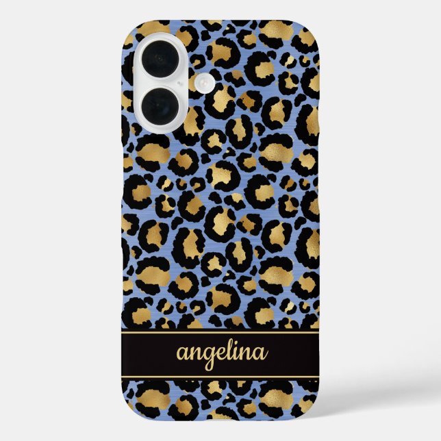Funda iPhone 16 Gold Foil On Blue Leopard Print Monogrammed (Reverso )