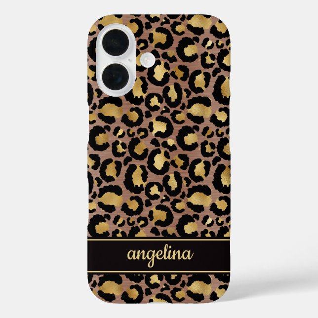 Funda iPhone 16 Gold Foil On Brown Leopard Print Monogrammed (Reverso )
