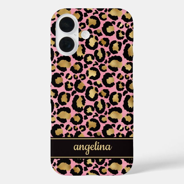 Funda iPhone 16 Gold Foil On Pink Leopard Print Monogrammed (Reverso )