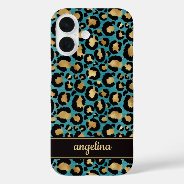Funda iPhone 16 Gold Foil On Teal Leopard Print Monogrammed (Reverso )