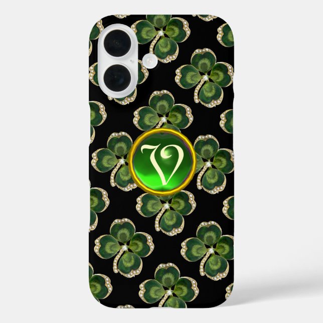 Funda iPhone 16 Gold Saint Patrick Shamrock Jewel con Perlas (Reverso )