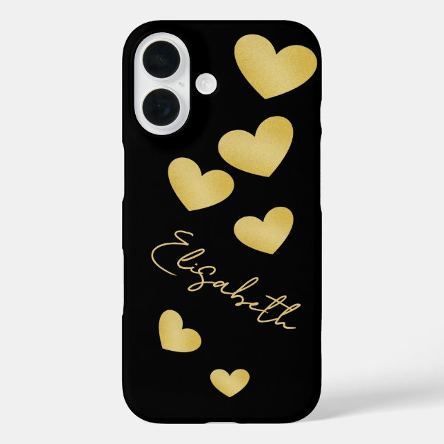 Funda iPhone 16 Golden Hearts on a black background and your name (Reverso )