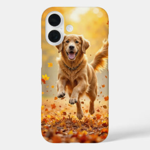 Funda iPhone 16 Golden Retriever corriendo en el bosque otoñal
