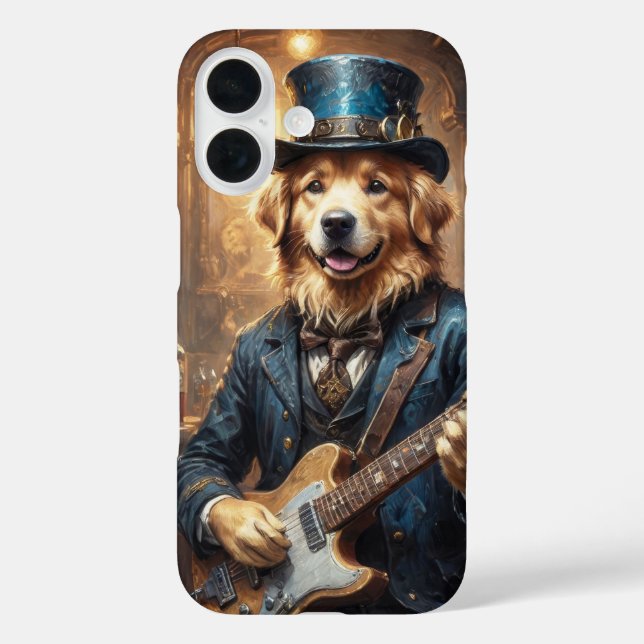 Funda iPhone 16 Golden Retriever tocando la guitarra en el escenar (Reverso )