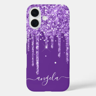 Funda iPhone 16 Goteo de Purpurina Real Violeta Firma Glam