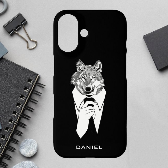 Funda iPhone 16 Gracioso lobo hipster con negro esmoquin personali (Subido por el creador)