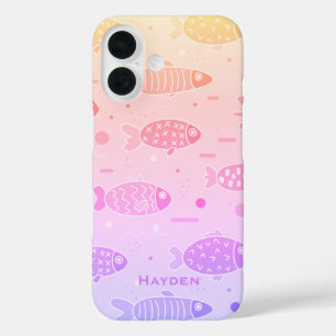 Funda iPhone 16 Gradiente Patrón de peces de atardecer moderno per