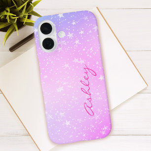 Funda iPhone 16 Gradiente púrpura y rosa, estrellas blancas y nomb