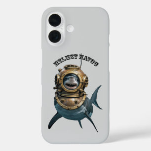 Funda iPhone 16 Gran Tiburón Blanco Dentro de un Casco de Buceo UR