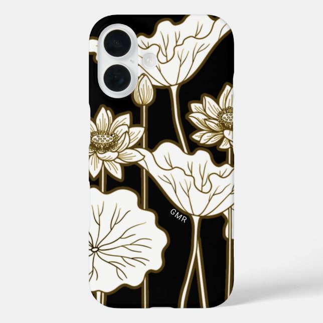 Funda iPhone 16 Grandes flores blancas en negro con el tríbol de K