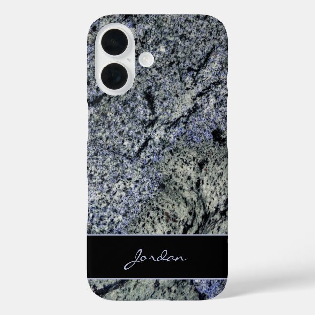 Funda iPhone 16 Granito verde azulado con nombre de piedra (Reverso )