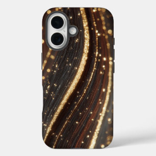 Funda iPhone 16 Grano de madera oscura de nuez negra con ríos dora