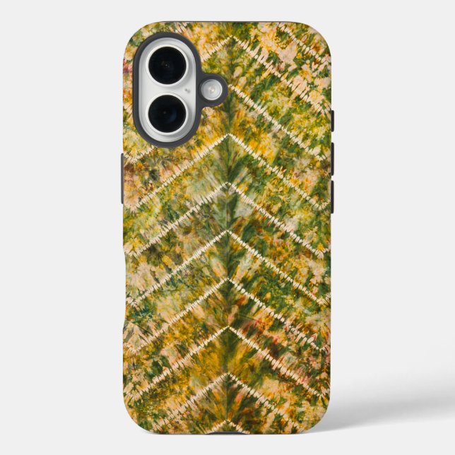 Funda iPhone 16 Green and Gold Tie Dye Chevron Pattern (Reverso )