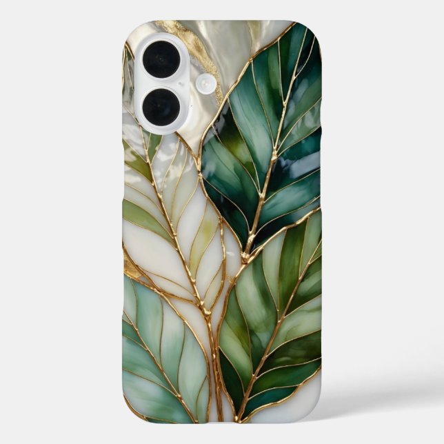 Funda iPhone 16 Green Botanical iPhone Case Luxury Leaf Design (Reverso )