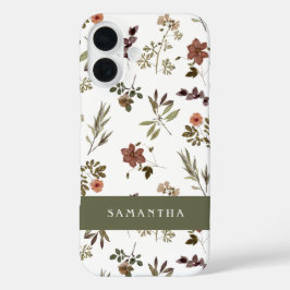 Funda iPhone 16 Green Burgundy Wildflower Monogram Name