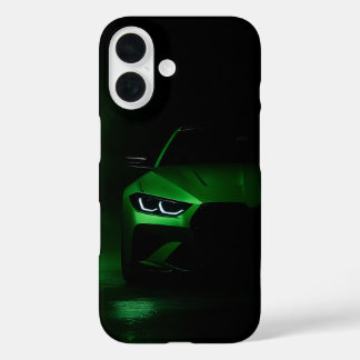 Funda iPhone 16 Green Neon Power: Luxury Sports Car in Glowing Fog