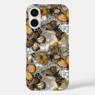 Funda iPhone 16 Gris Blanco Oro Floral Mariposas Elegante